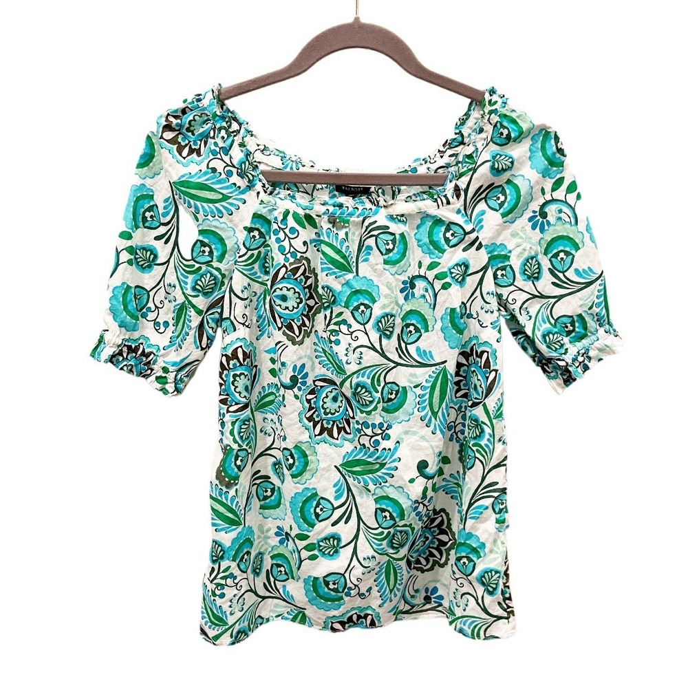 Talbots 100% Cotton Floral Paisley Floral Square Neck Ruffle Top Size XS
